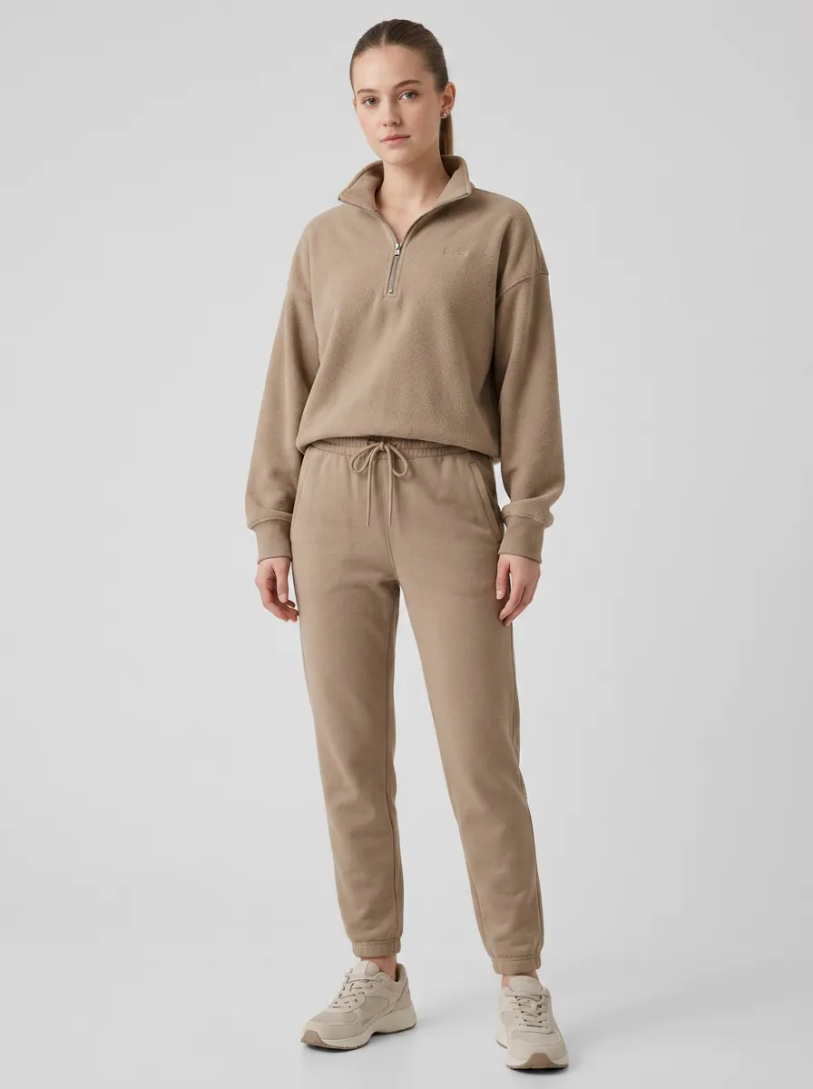 Women's Casual Beige Quarter-Zip Fleece Jogger Set
