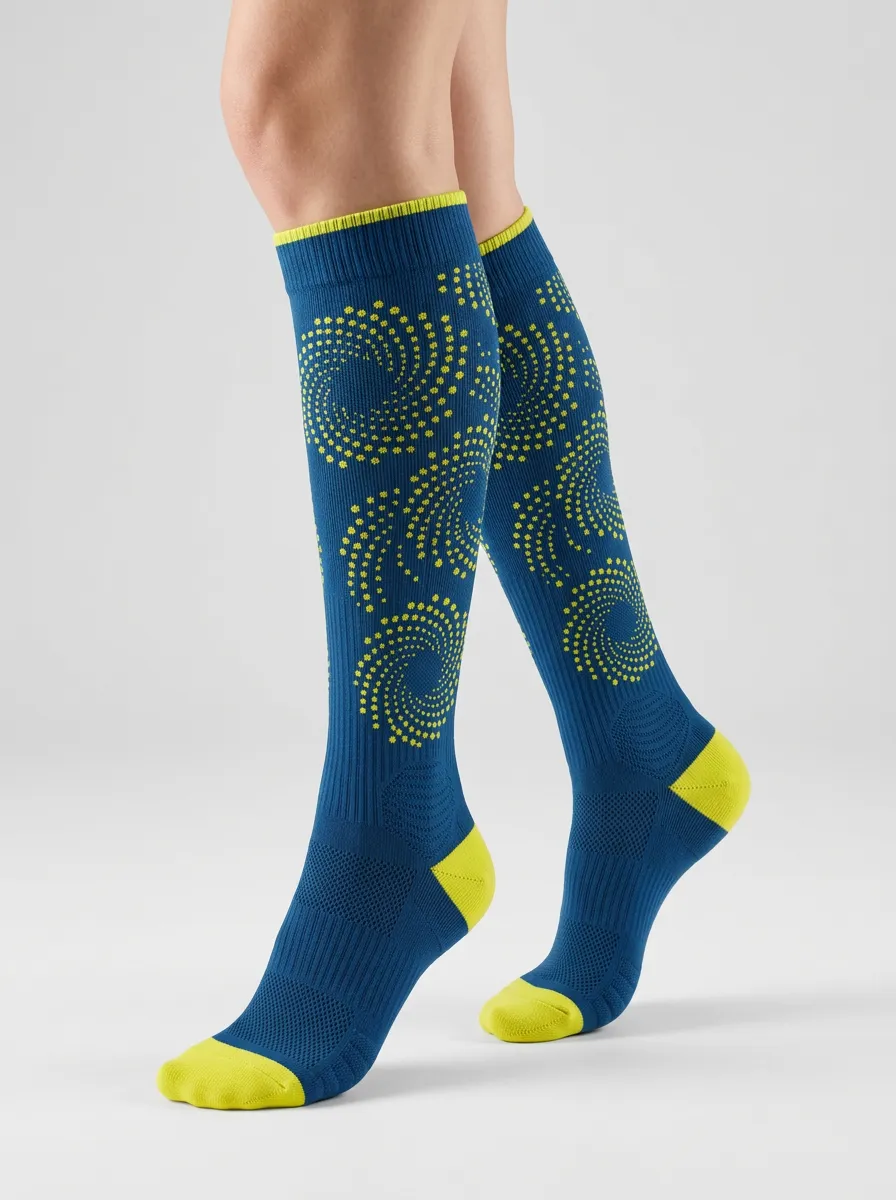 Women's Blue and Lime Spiral Pattern Knee-High Socks