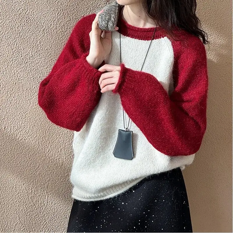 Polished Round Neck Raglan Sleeve Color Block Sweater