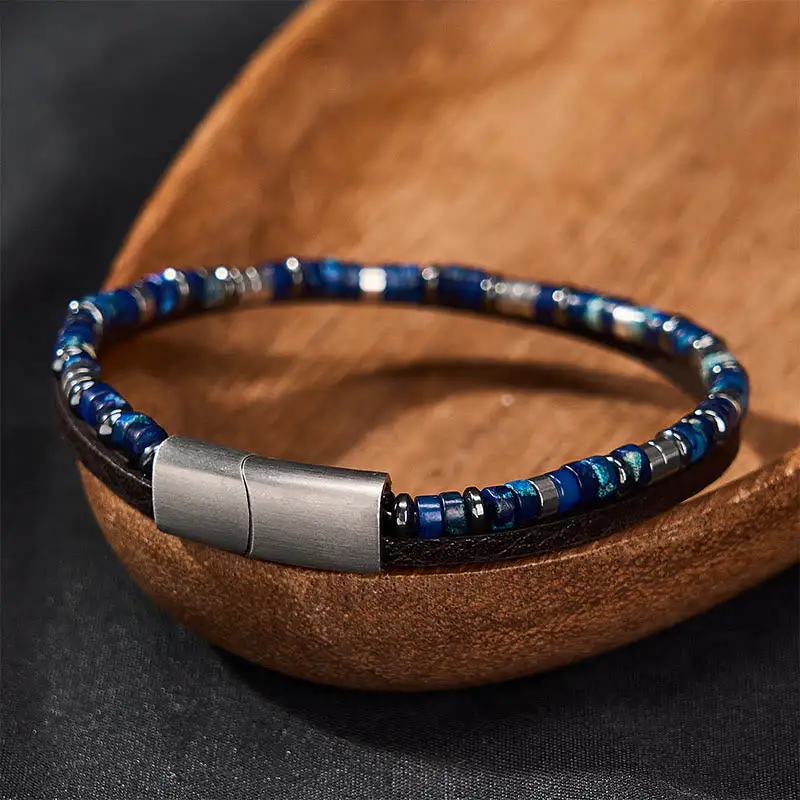 Lapis Lazuli Double Wrap Leather Bracelet