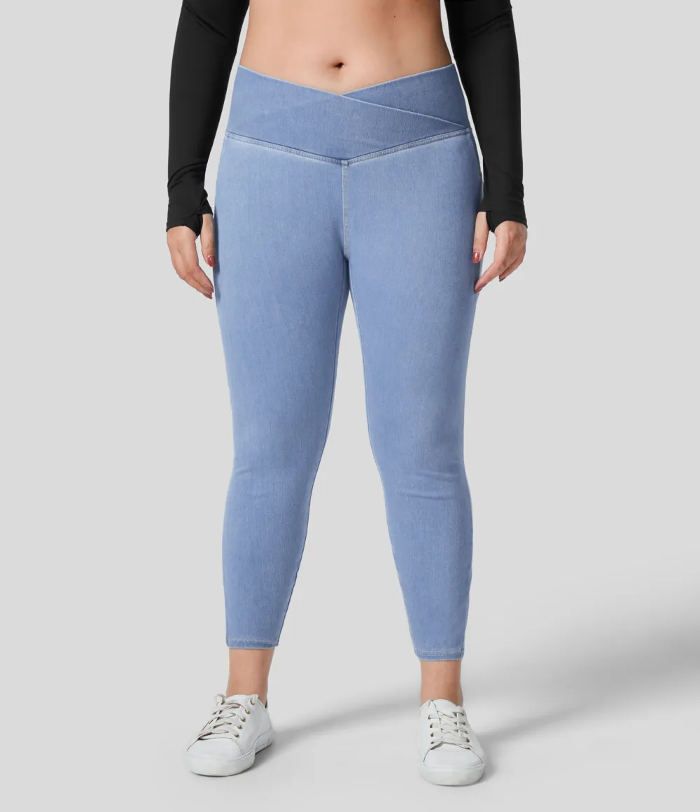 Magic Crossover Side Pocket Washed Stretchy Knit Denim Work Plus Size Leggings