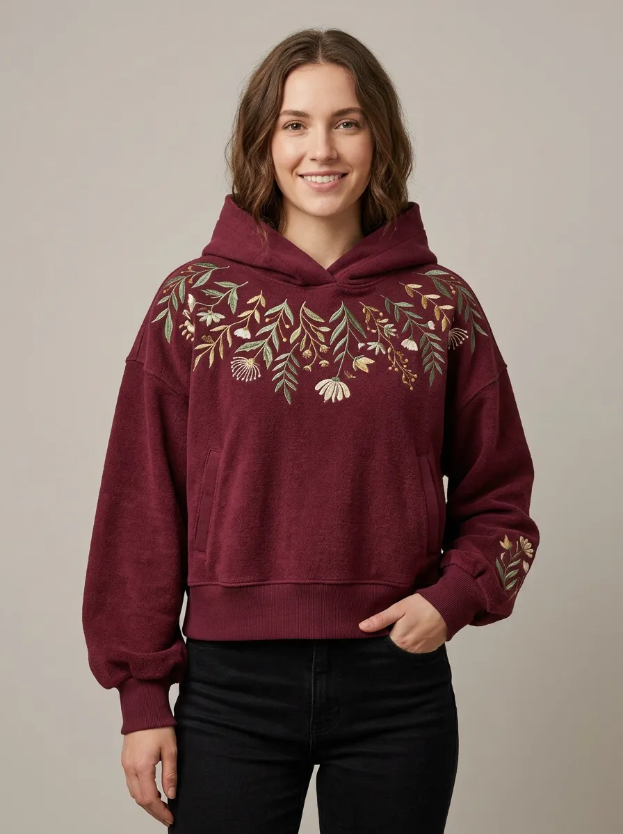 Women's Floral Inspired Botanical Floral Embroidered Graphic Nature Inspired Hoodie