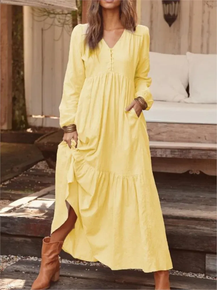 Long Sleeve Linen Blend Cotton Blend Maxi Tie Detail Dress