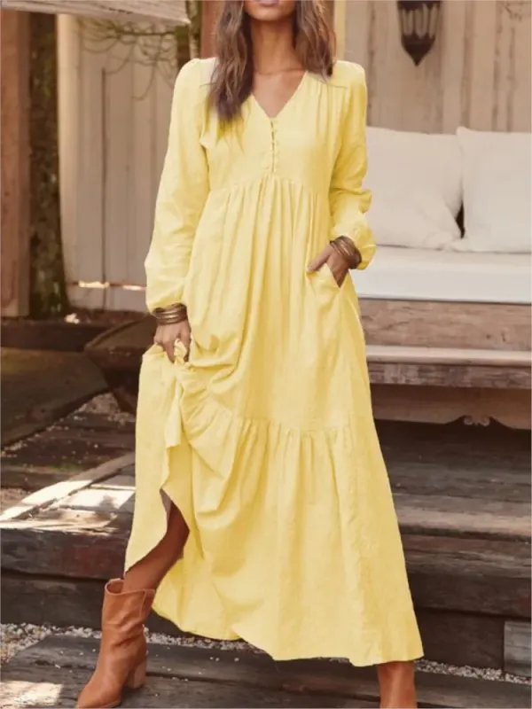 Long Sleeve Linen Blend Cotton Blend Maxi Tie Detail Dress