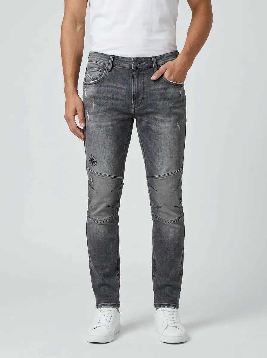 Men's Compass Graphic Distressed Gray Slim-Fit Jeans