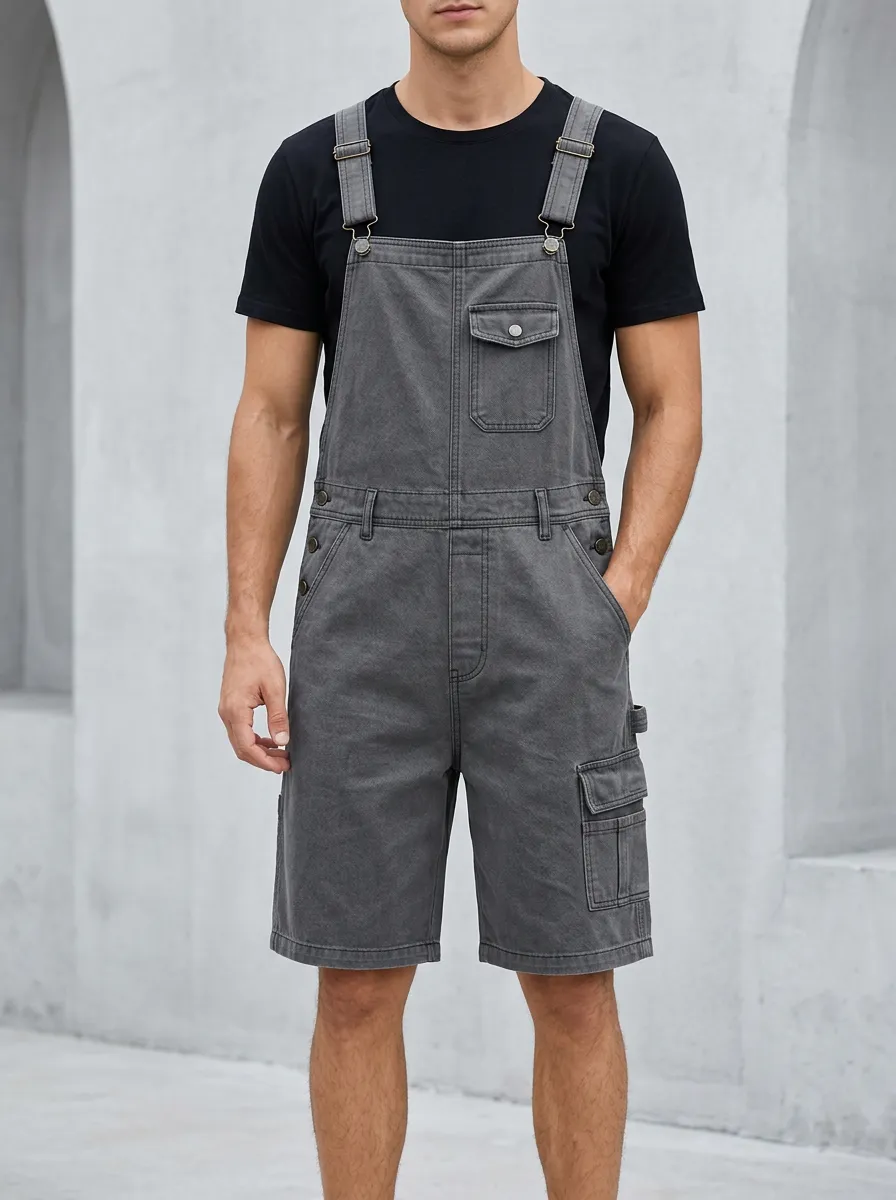 Men's Casual Streetwear Grey Denim Cargo Bib Overalls Shorts