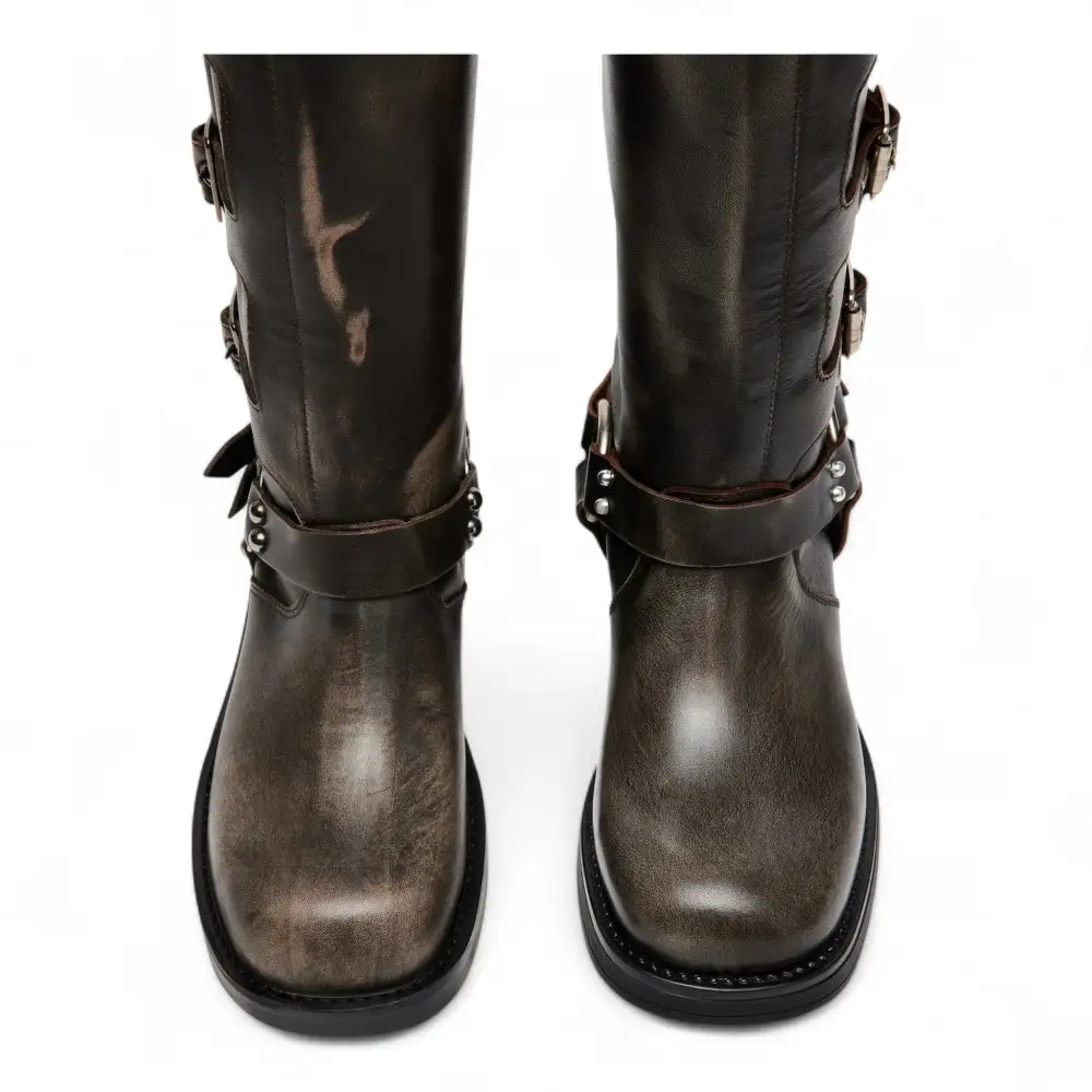 Rocky Brown Distressed Knee-High Moto Boots