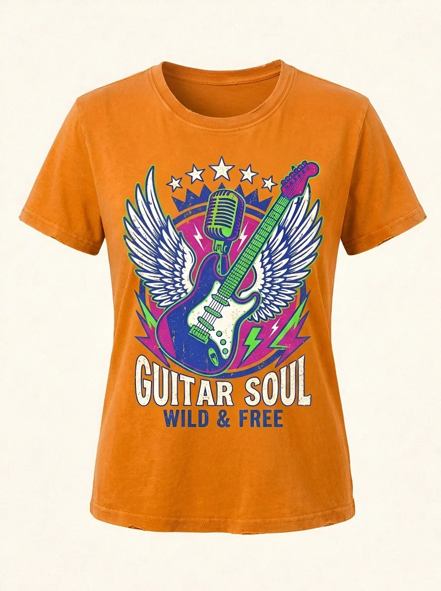 Women's Rock Music Lover Winged Guitar Microphone Printed T-shirt
