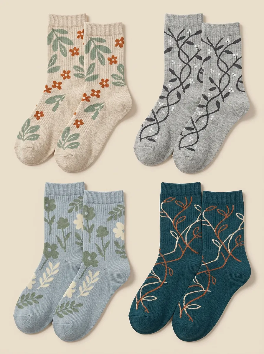 Women's Botanical Floral Mid Calf Socks Four Pair Set