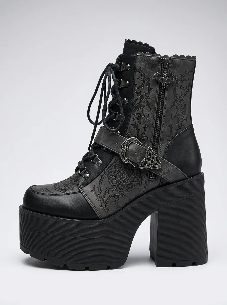 Dramatic Bat Rose Alternative Look Women's Gothic Platform Boots