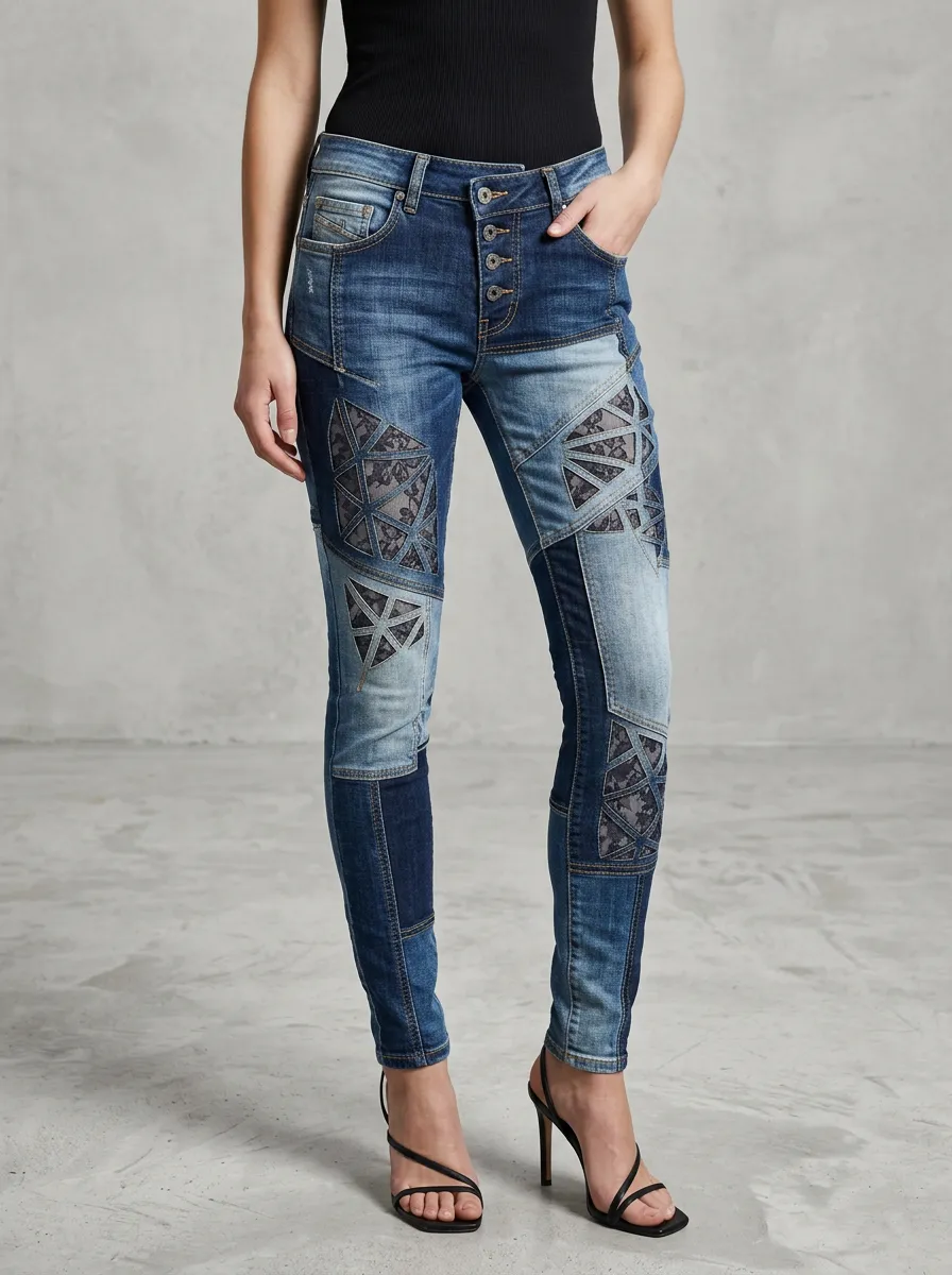 Women's Geometric Lace Patchwork Printed Skinny Jeans