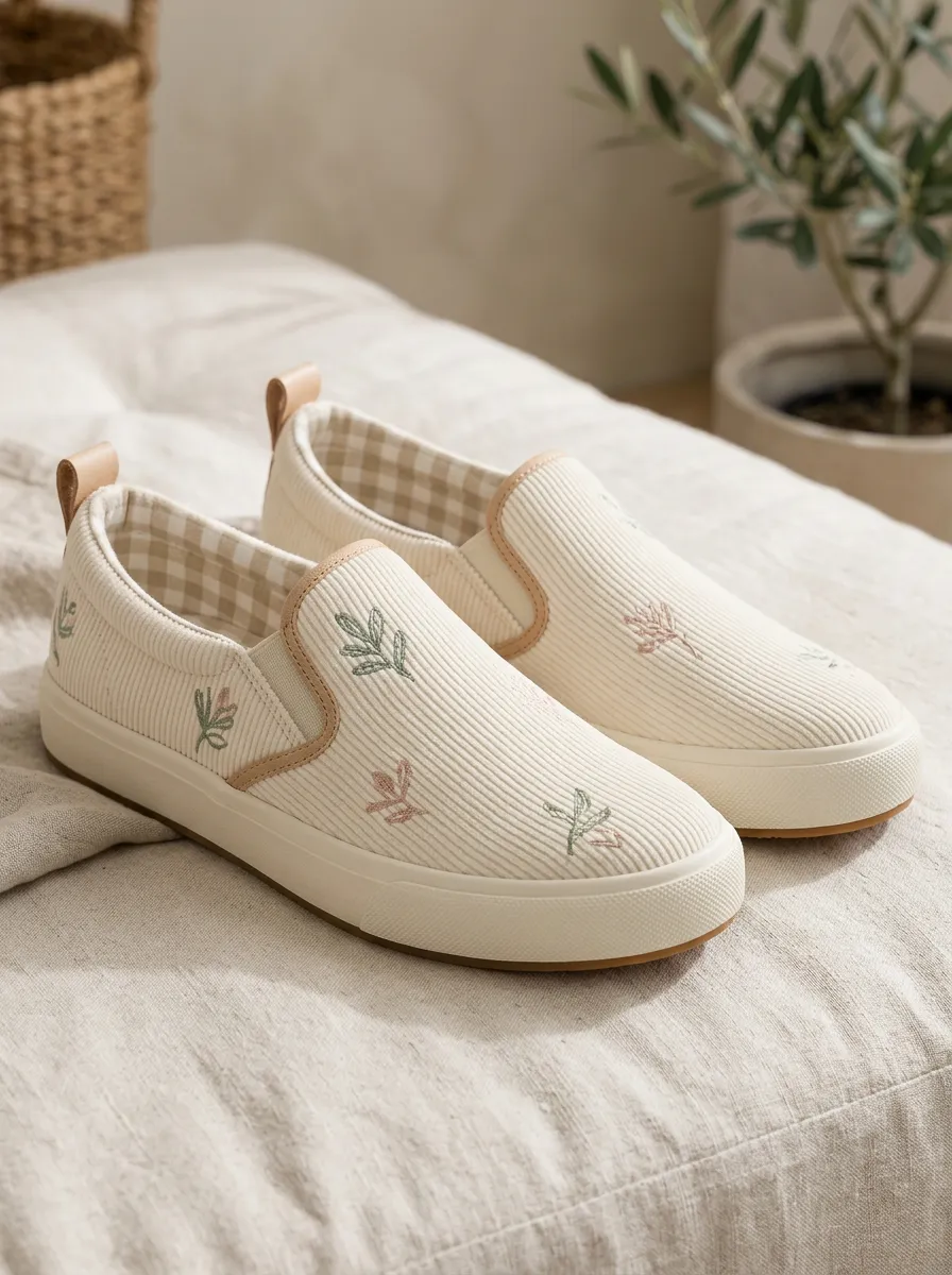 Women's Botanical Floral Embroidered Corduroy Slip-on Shoes