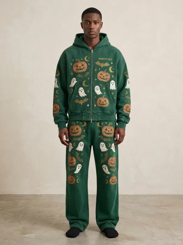 Men's Halloween Midnight Fest Pumpkin Ghost Printed Hoodie Set