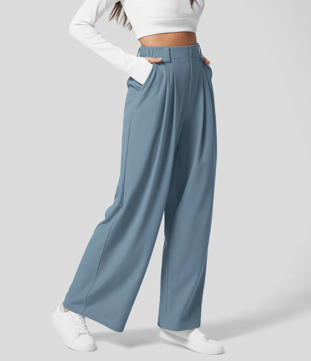 2026🔥  High Waisted Plicated Side Pocket Wide Leg Waffle Work Pants