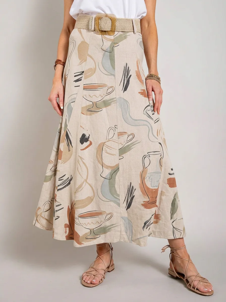 Women's Greek Pottery Art Abstract Vase Printed Midi Skirt