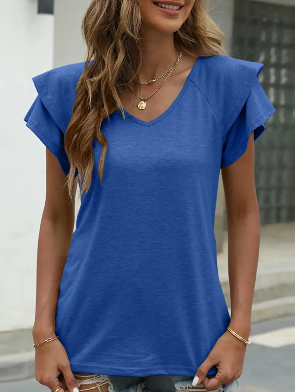 V Neck Double Layer Ruffle Sleeve Tank Top