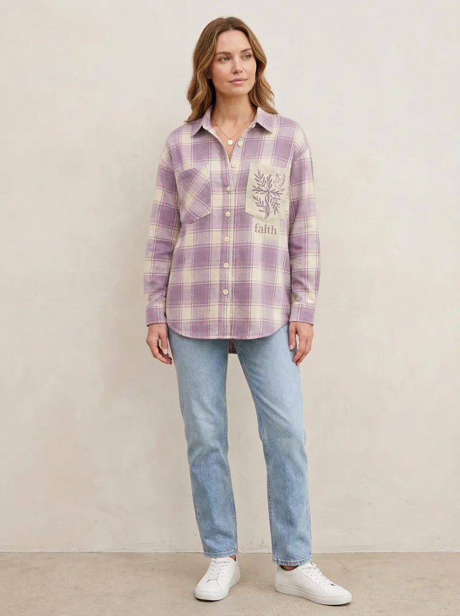 Women's Faith Christian Dove Olive Plaid Printed Shirt