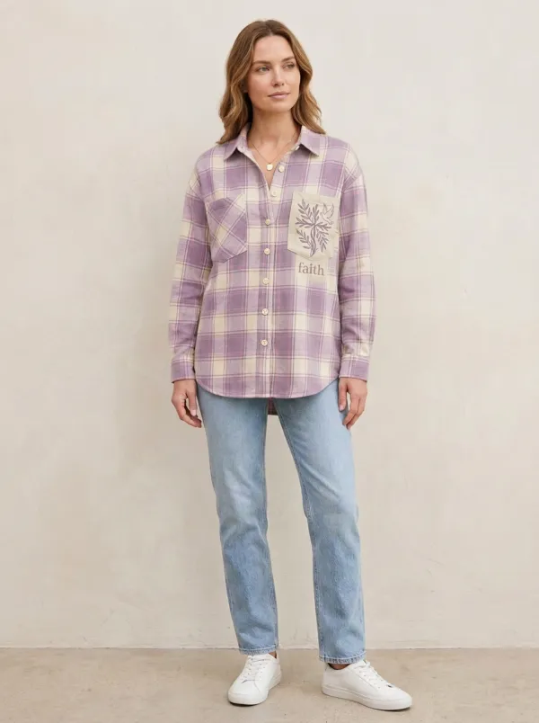 Women's Faith Christian Dove Olive Plaid Printed Shirt