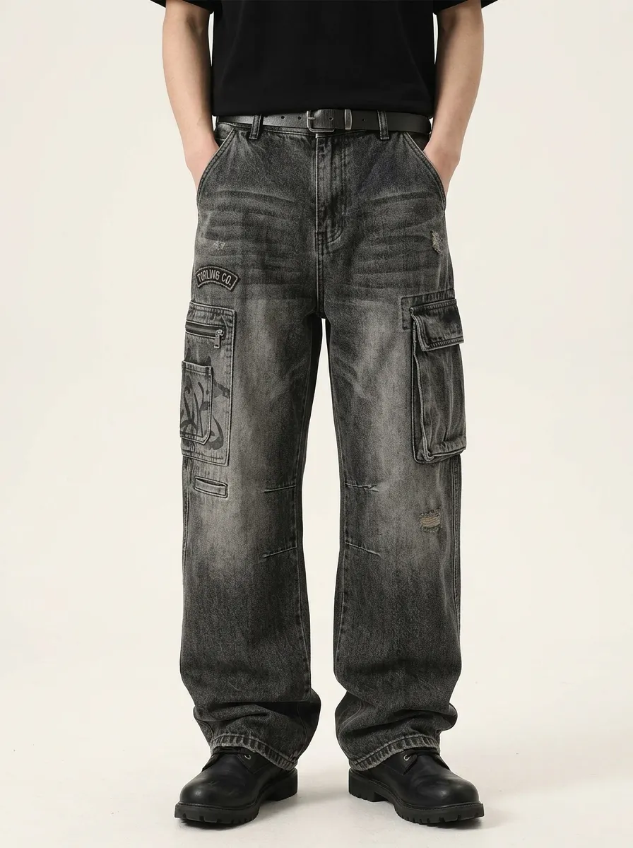 Men's Streetwear Vintage Wash Graphic Cargo Jeans