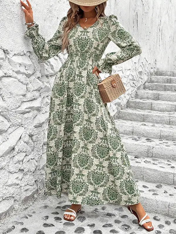 Puff Printed Neck Maxi Dress