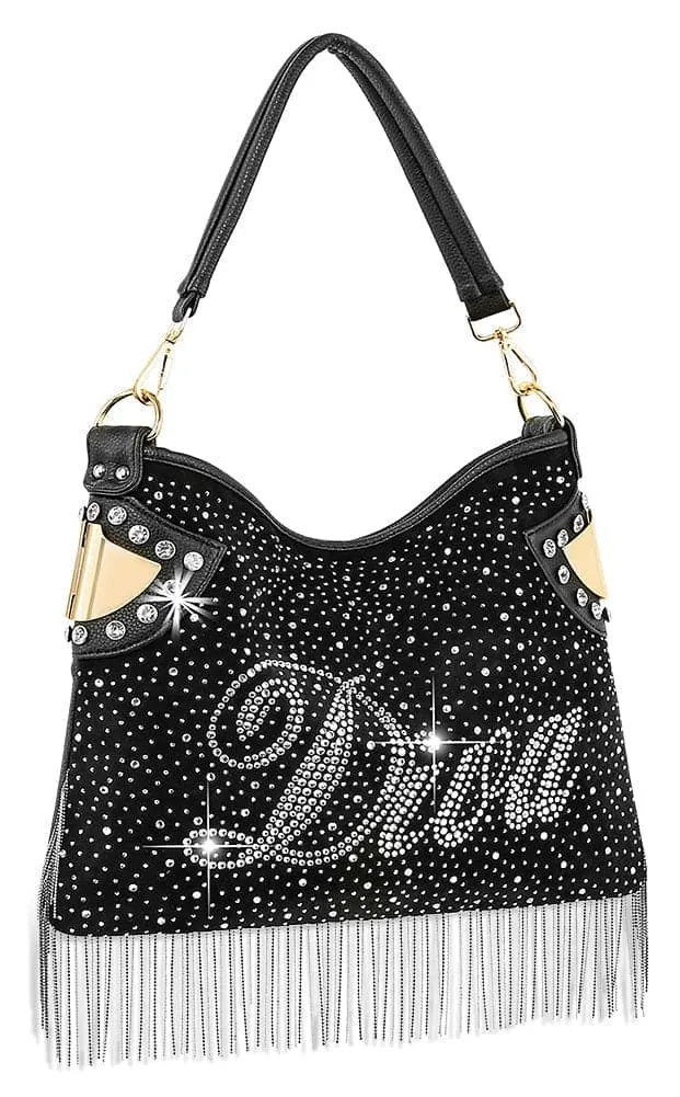 Modern Detail Crystal Accent Beaded Fringed Faux Leather Hobo Shoulder Bag