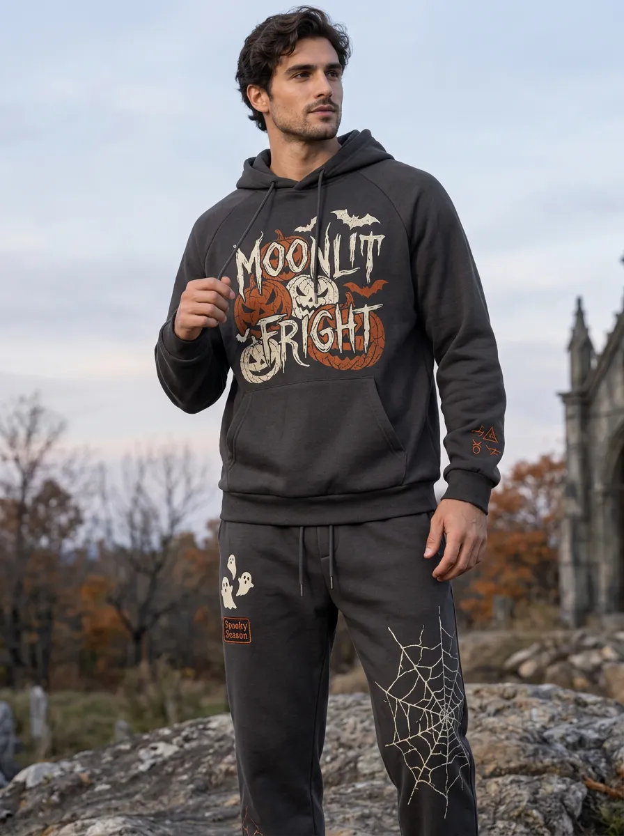 Men's Halloween Moonlit Fright Pumpkin Ghost Spiderweb Printed Tracksuit