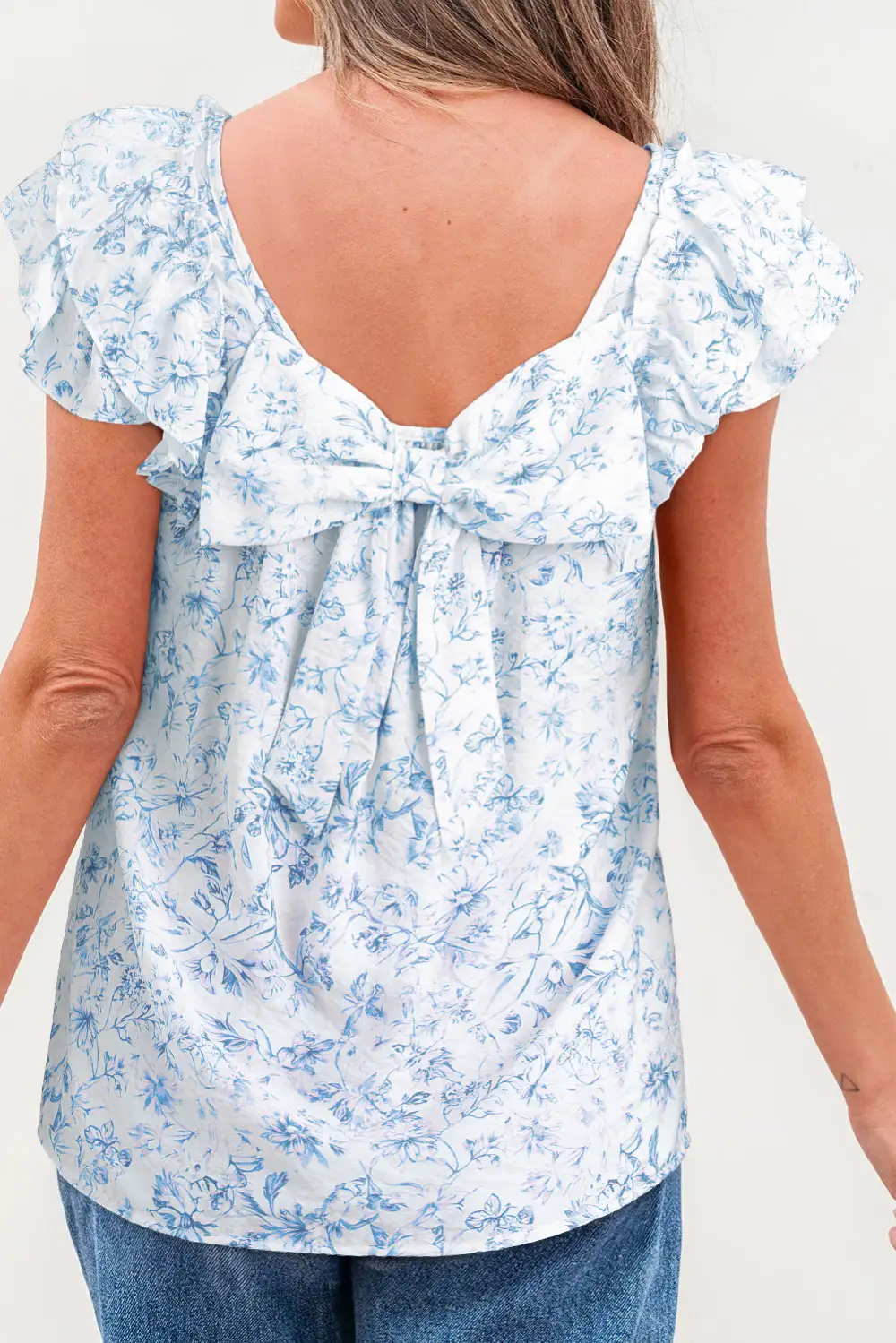 Women's Floral Print Ruffled Bow Detail Top