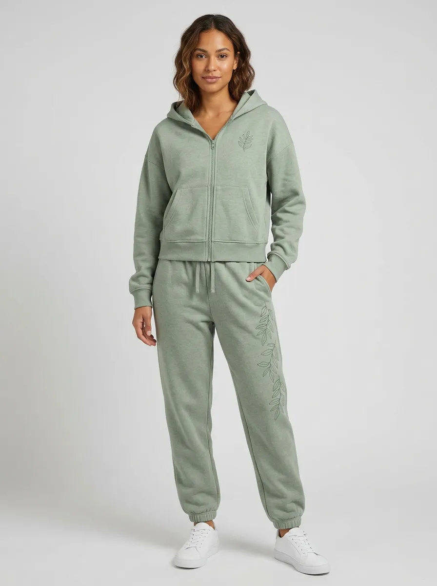 Women's Sage Green Botanical Leaf Embroidered Classic Zip-Up Hoodie Jacket & Jogger Set