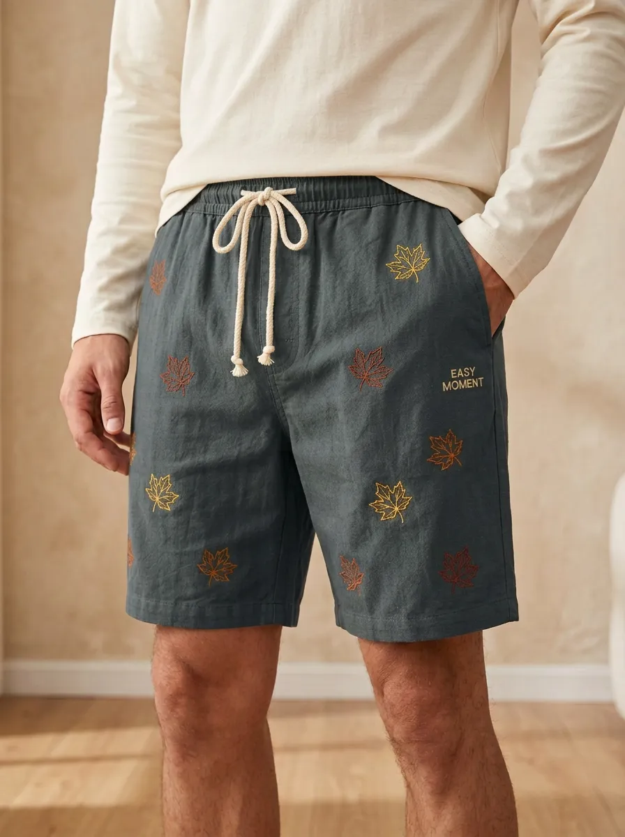 Olive Embroidered Leaf Drawstring Textured Shorts