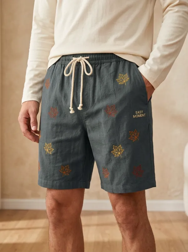 Olive Embroidered Leaf Drawstring Textured Shorts