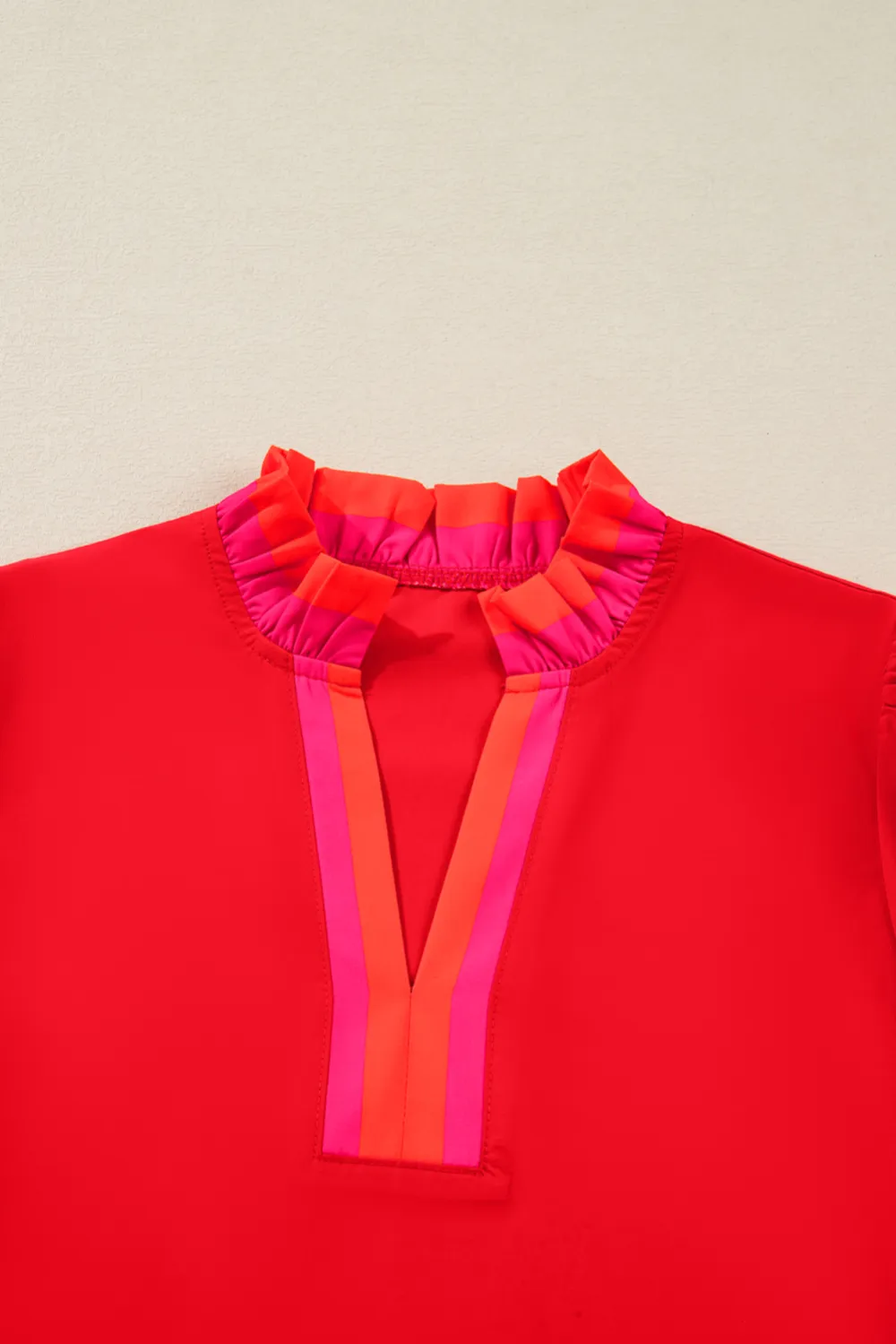 Fiery Red Striped Trim Ruffle Blouse