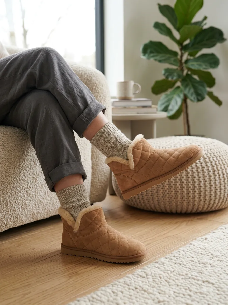 Core Quilted Faux Fur Lined Fit Unisex Warm Wool Shoes