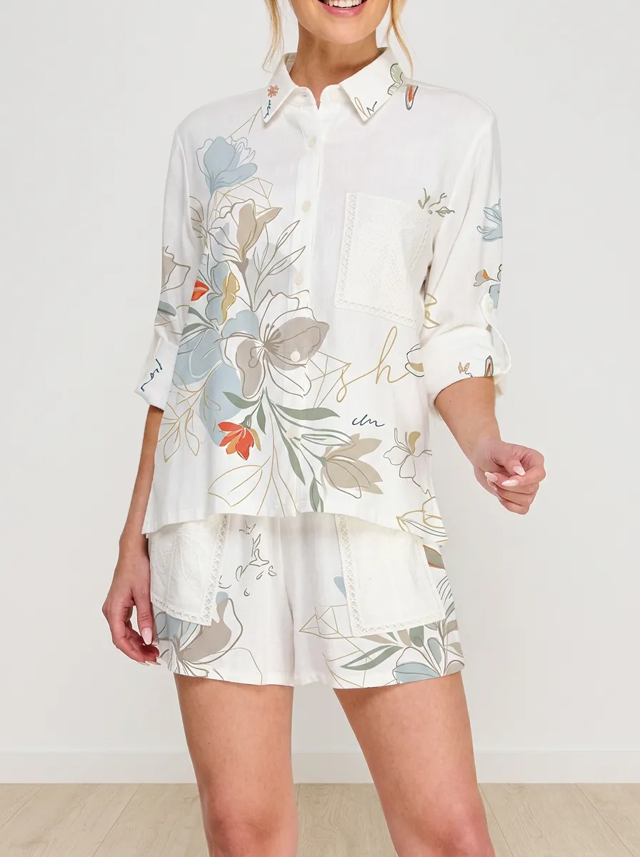 Women's Floral Botanical Art Printed Button Down Shirt