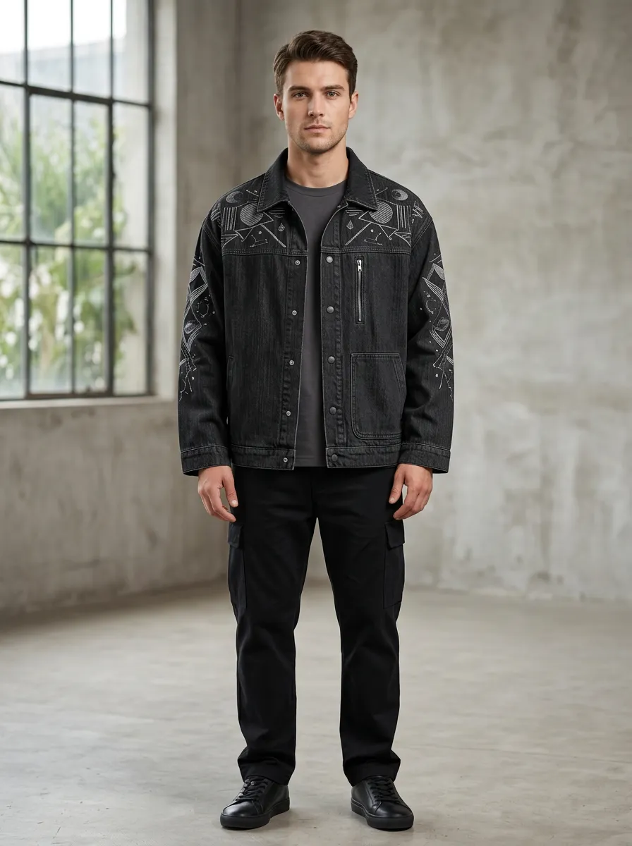 Men's Celestial Geometric Printed Denim Jacket