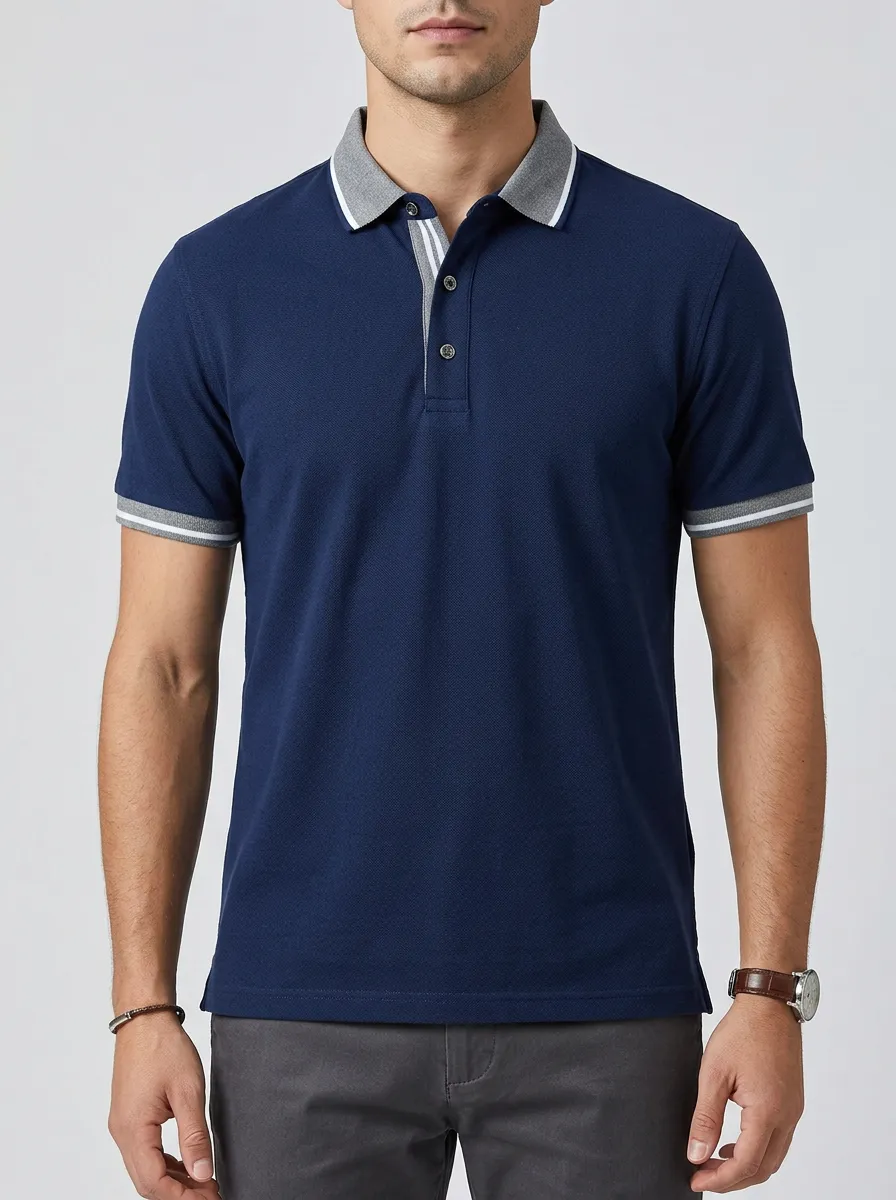Men's Navy Blue Contrast Collar Striped Trim Polo Shirt