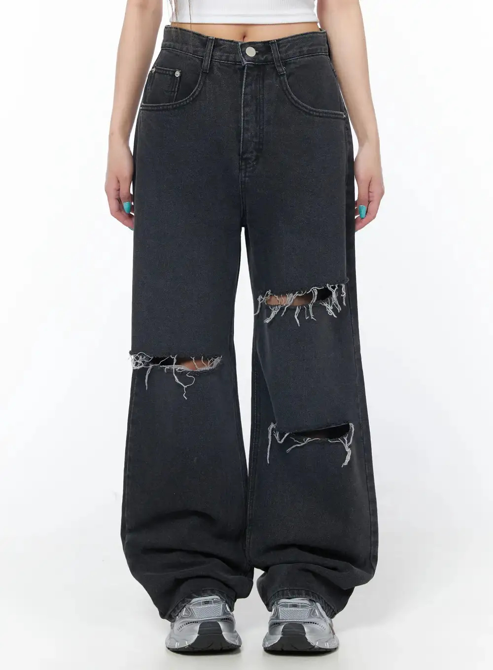 Pocketed Distressed Wide Leg Jeans