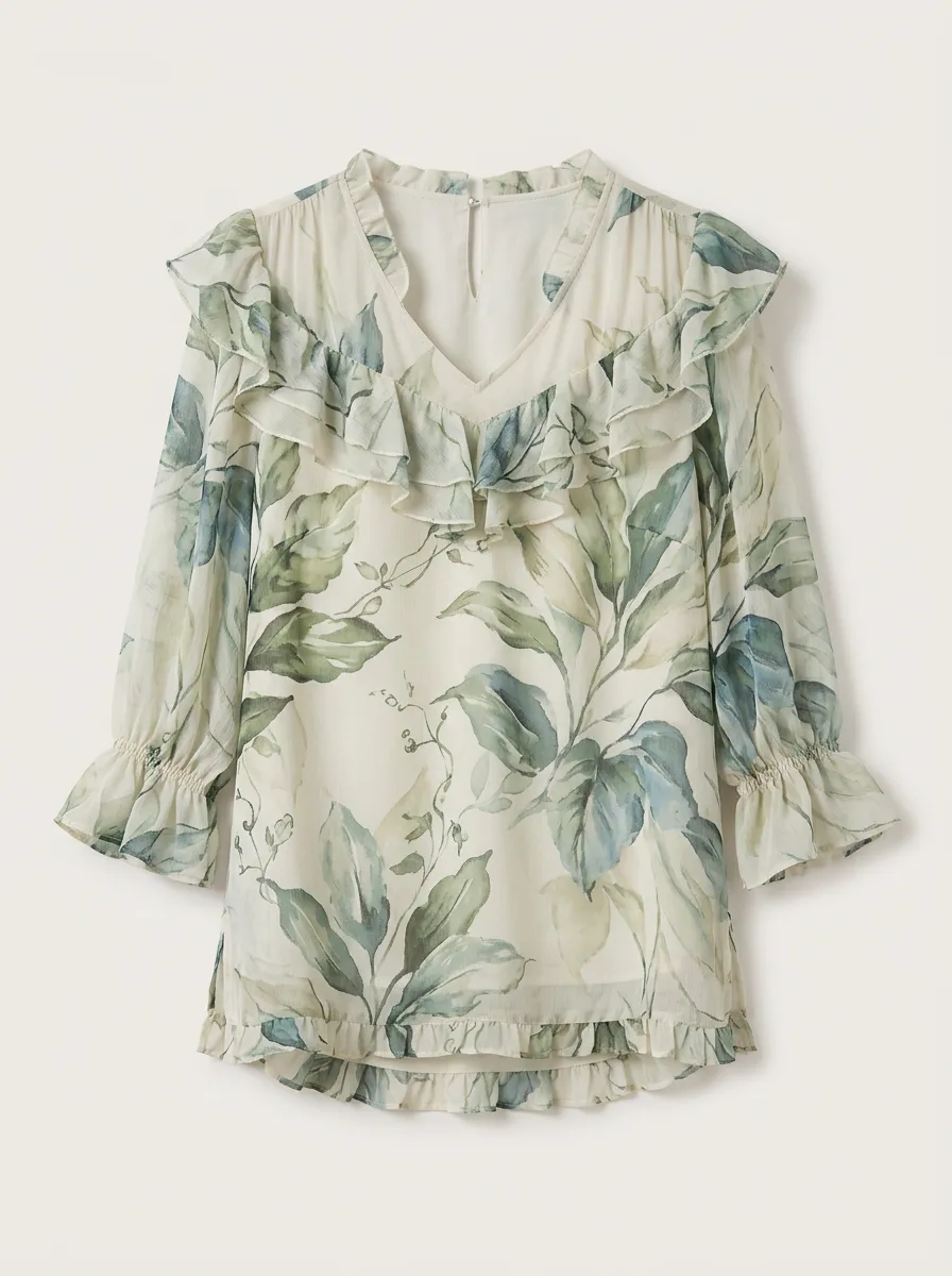 Women's Chiffon Blouse Botanical Leaf Print Ruffle Trim