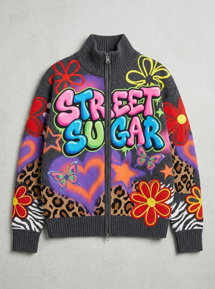 Men's Street Sugar Graffiti Butterfly Leopard Printed Zip-up Jacket