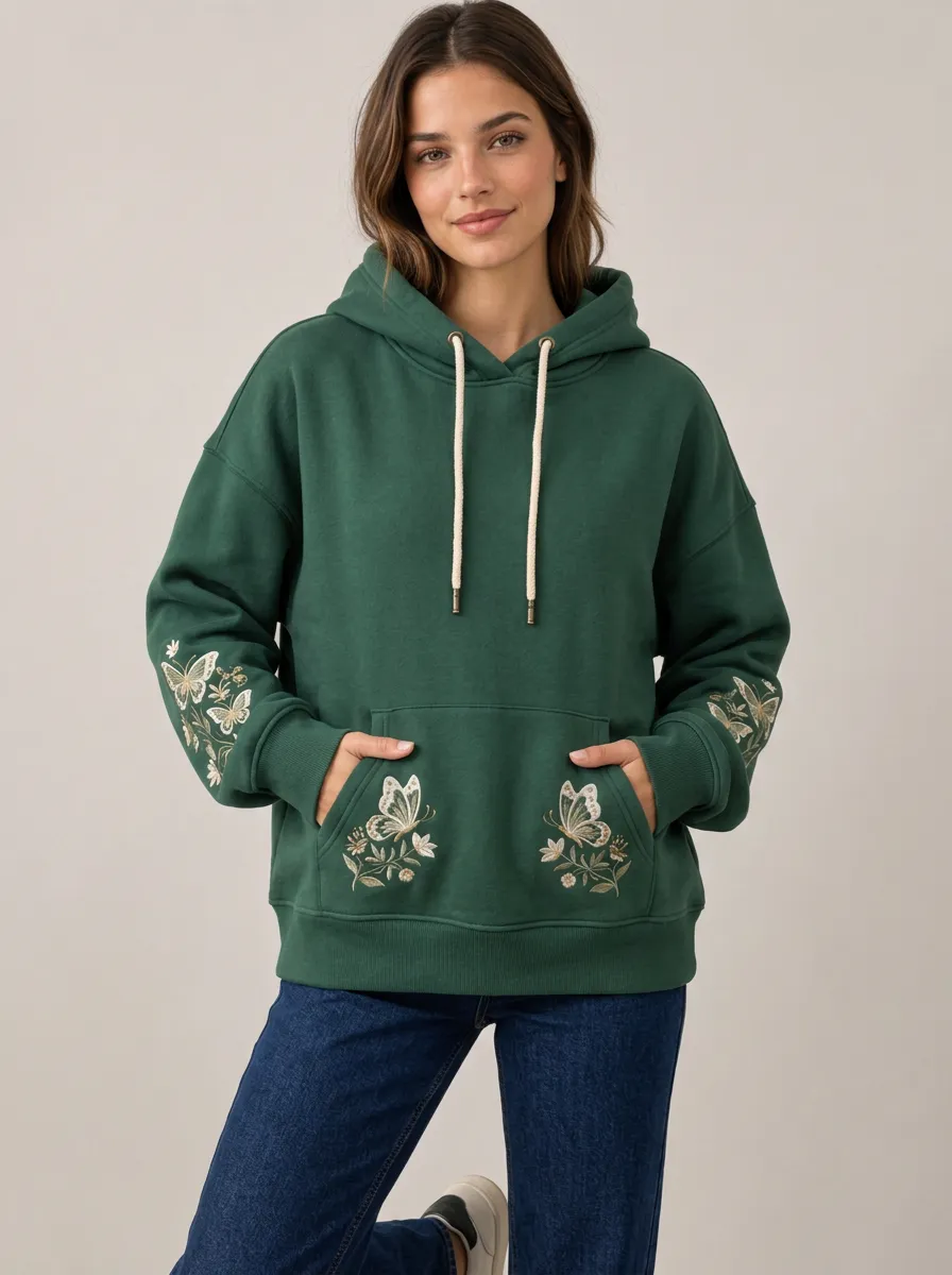 Casual Women's Floral Butterfly Embroidered Graphic Nature Inspired Hoodie