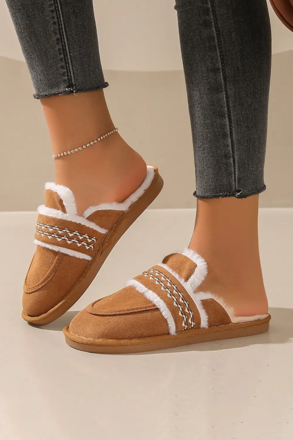 Suede Wavy Striped Plush Lined Home Slide Slippers