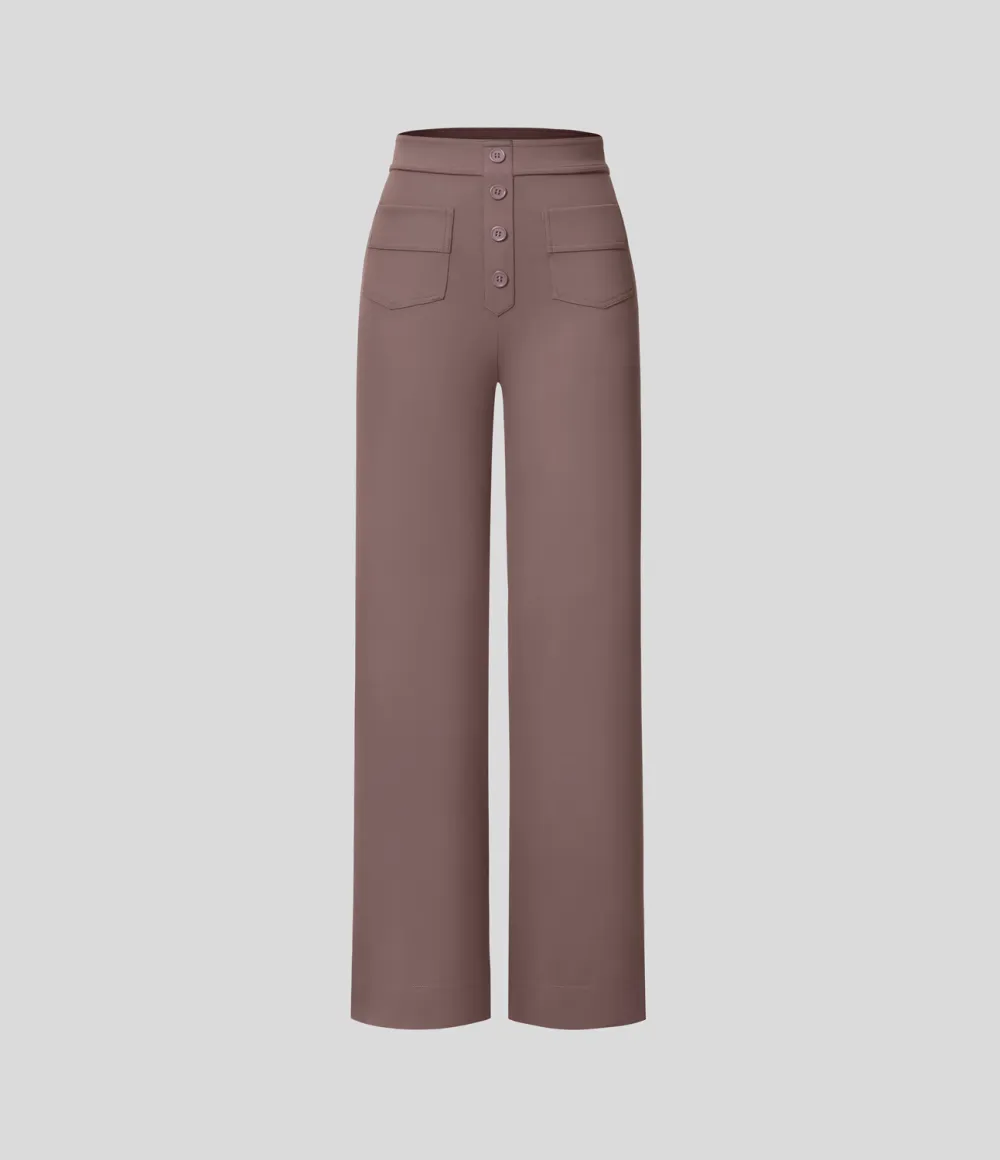 High Waisted Button Multiple Pockets Straight Leg Casual Pants