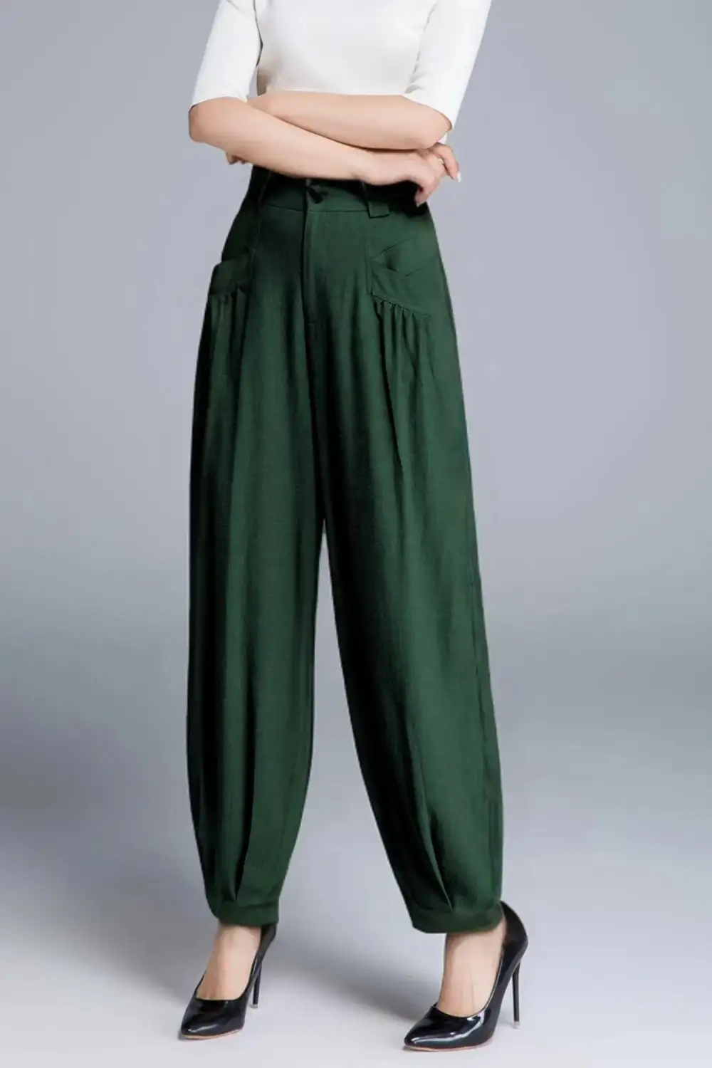 Linen Cotton Cropped High Waist Pocketed Trousers