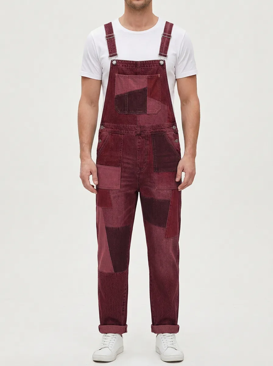 Patchwork Denim Side Button Overalls
