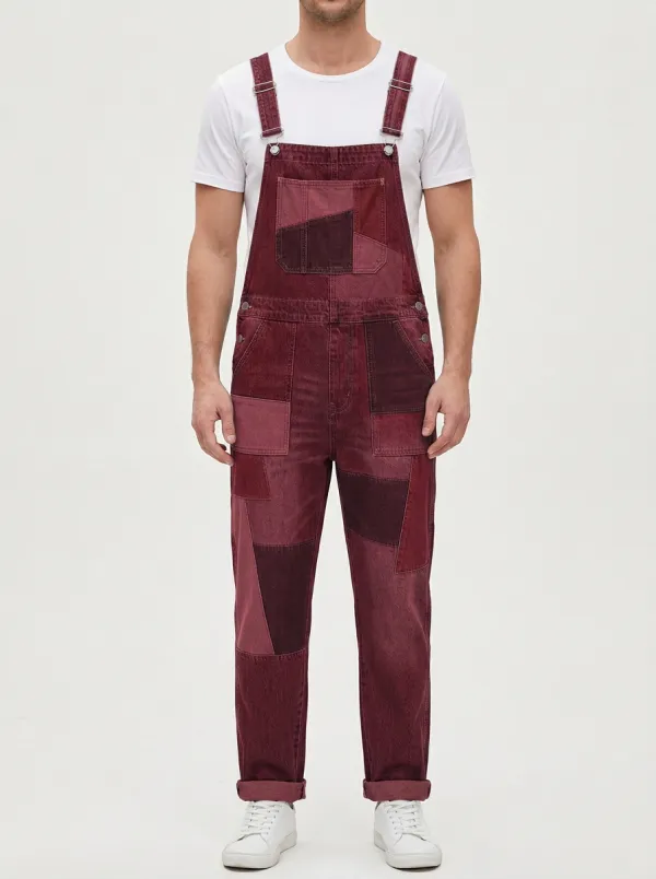 Patchwork Denim Side Button Overalls