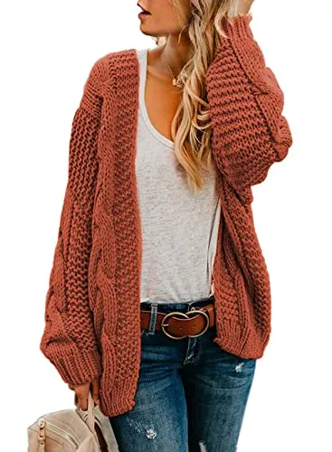 Womens Open Front Long Sleeve Chunky Knit Cardigan Sweaters Loose Outwear Coat