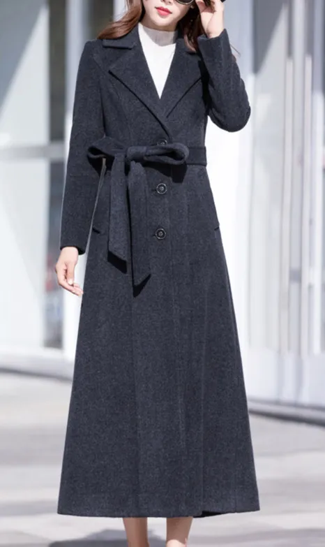 Classic Wool Blend A Line Pocketed Button Front Long Coat