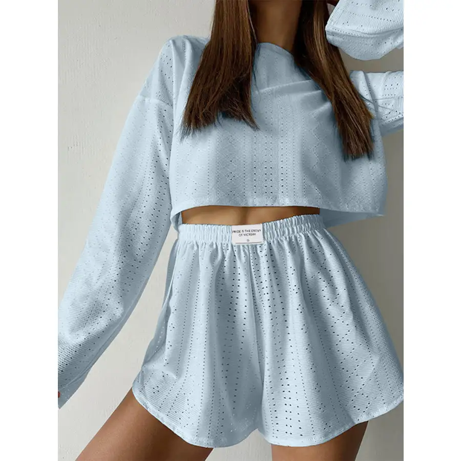 Relaxed Eyelet Round Neck Top and Shorts Set