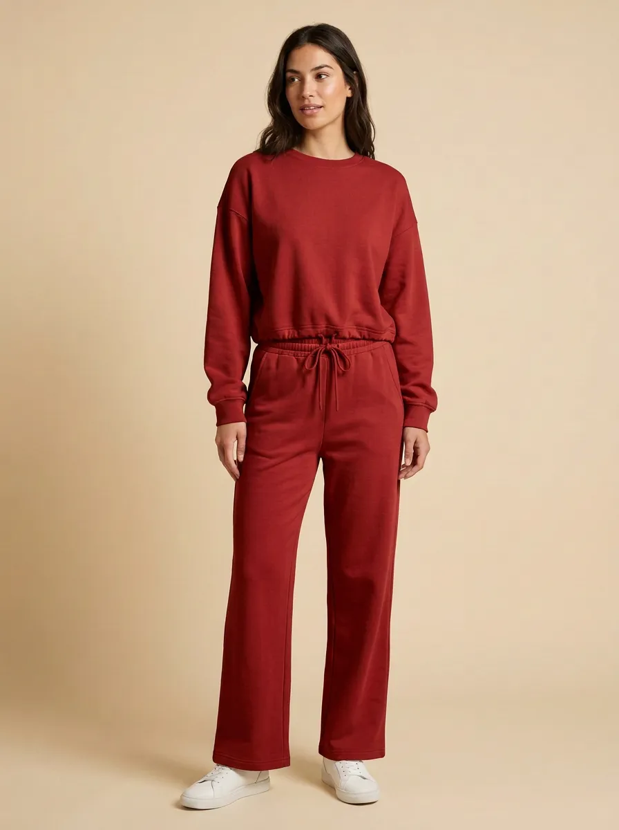 Women's Cropped Crewneck Sweatshirt And Drawstring Wide-Leg Trouser Lounge Set