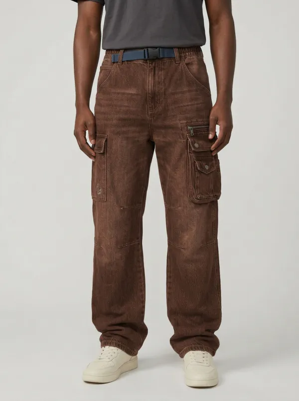 Men's Streetwear Multi-Pocket Washed Denim Cargo Jeans