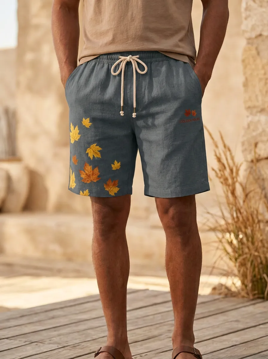 Maple Leaf Print Drawstring Silhouette Shorts
